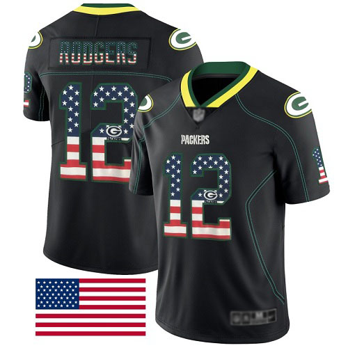Green Bay Packers Limited Black Men #12 Rodgers Aaron Jersey Nike NFL Rush USA Flag